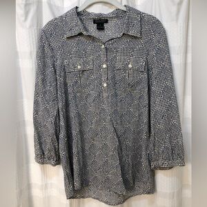 Lucky Brand Printed Popover Top 3/4 Sleeve, Pockets Blue Blouse, women's size S
